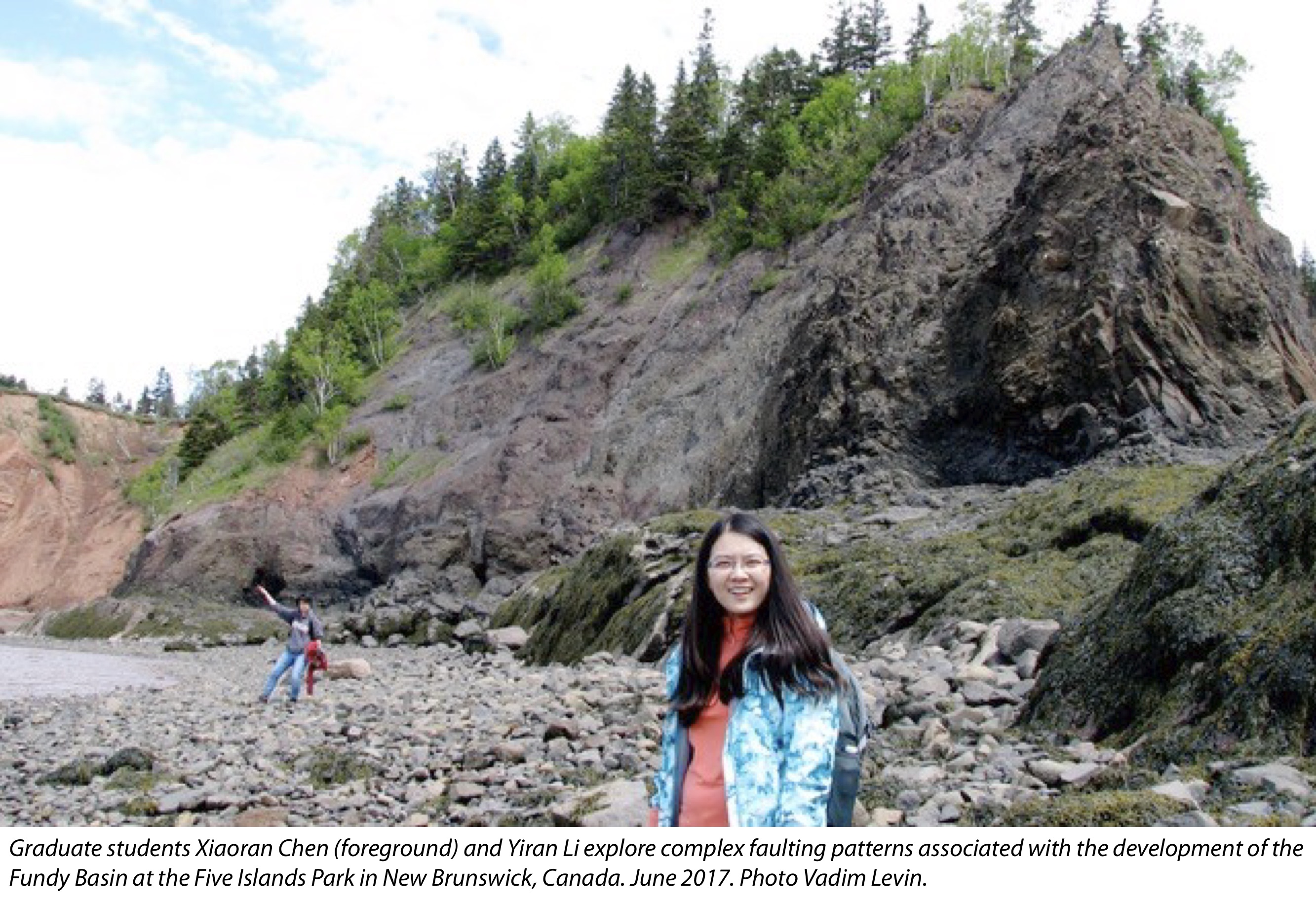 Graduate students Xiaoran Chen and Yiran Li explore complex faulting patterns associated with the development of the Fundy Basin at the Five Islands Park in New Brunswick, Canada (June, 2017)